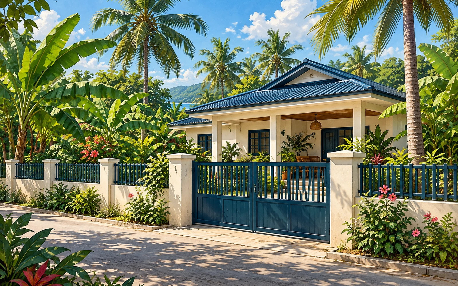 Illustration of a tropical cream bungalow, garden gate, banana plants, and palms