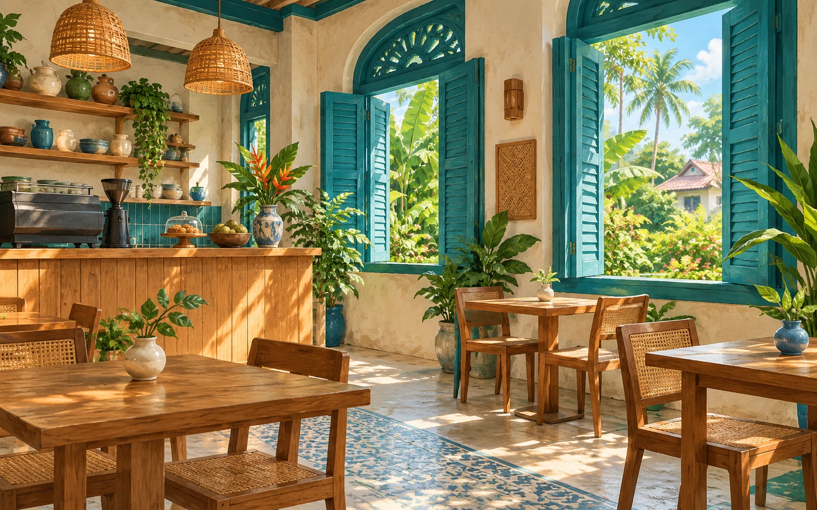 Illustration of a small cafe interior with wooden furniture, teal shutters, and warm sunlight