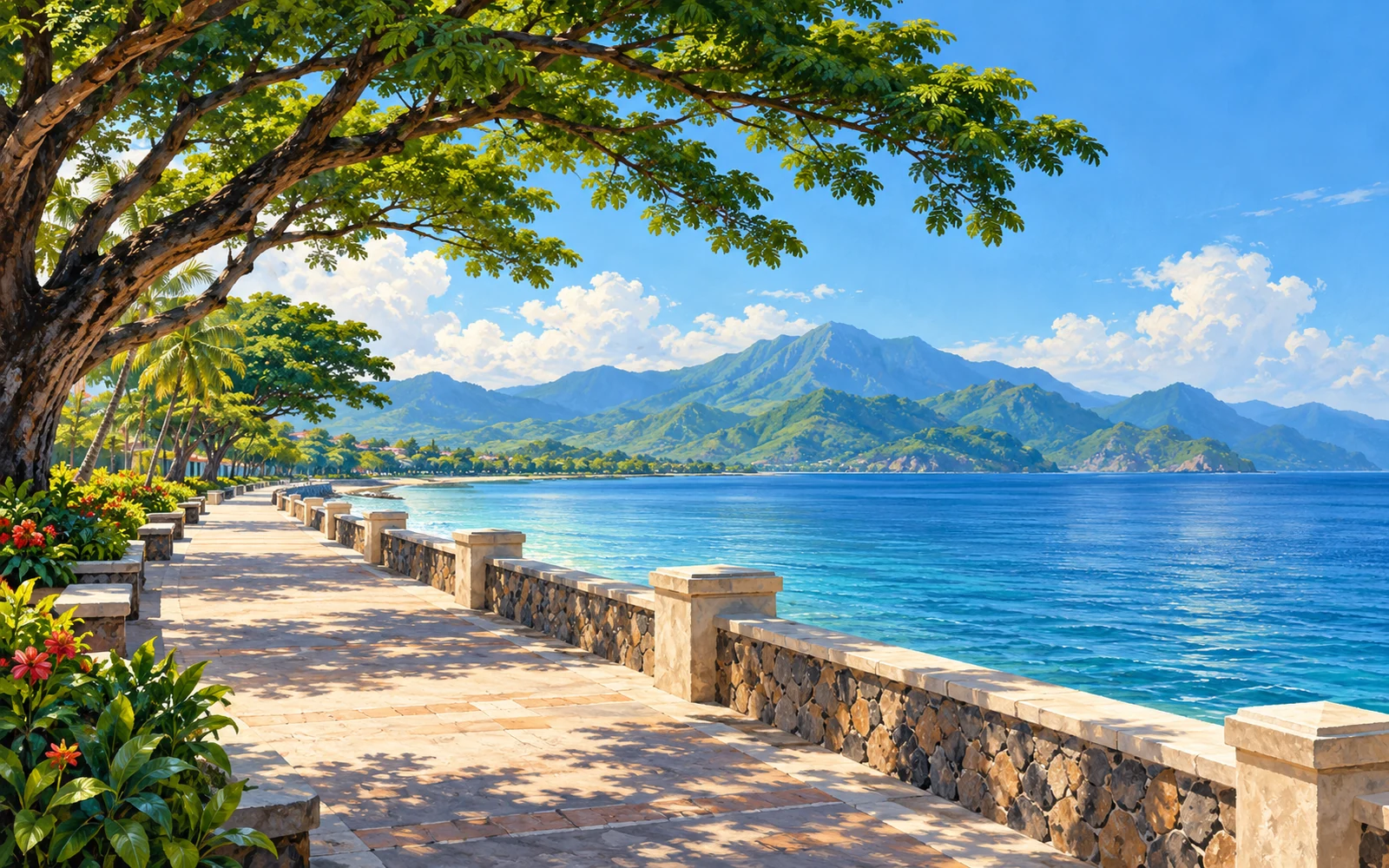 Illustration of an imagined Philippine-inspired waterfront promenade with acacia trees, a stone sea wall, and distant mountains